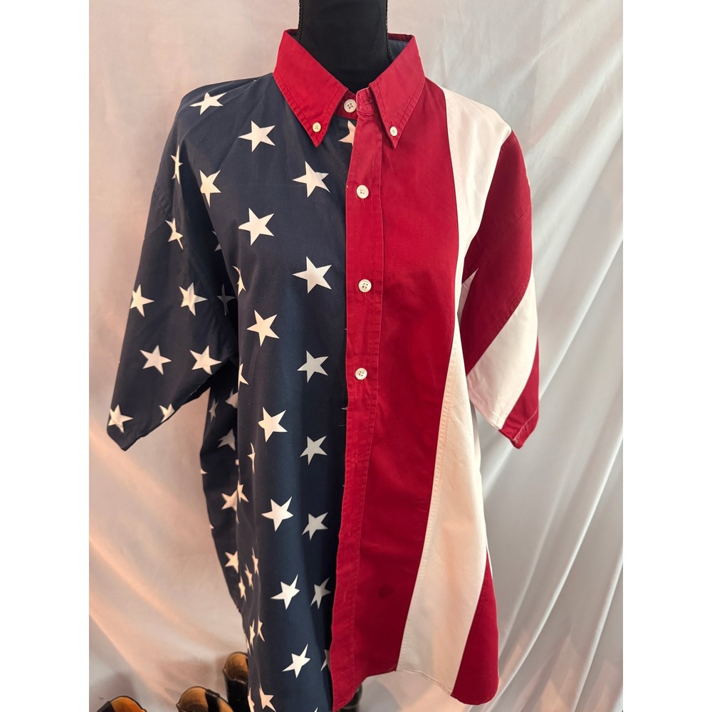RedHead Mens American Flag Short Sleeve Button Down Shirt XL Patriotic Stars